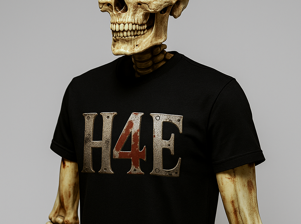 Skeleton wearing an H4E logo t-shirt